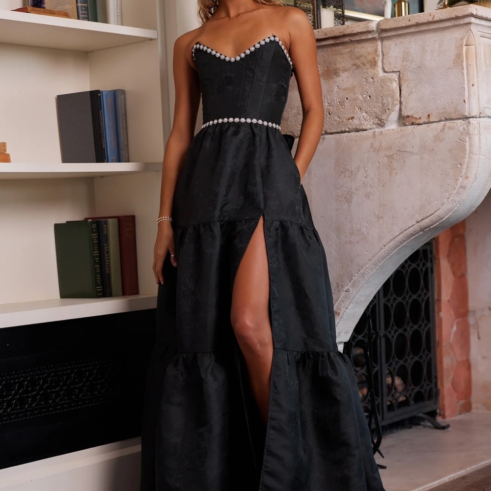 V. Chapman Black Strapless Dress with Pearl Trim